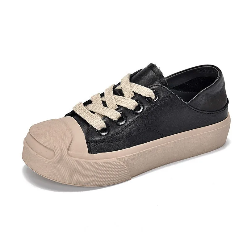 Leather Rubber Toecap Sneakers for Women Low-top Lace Up in White/Khaki/Black