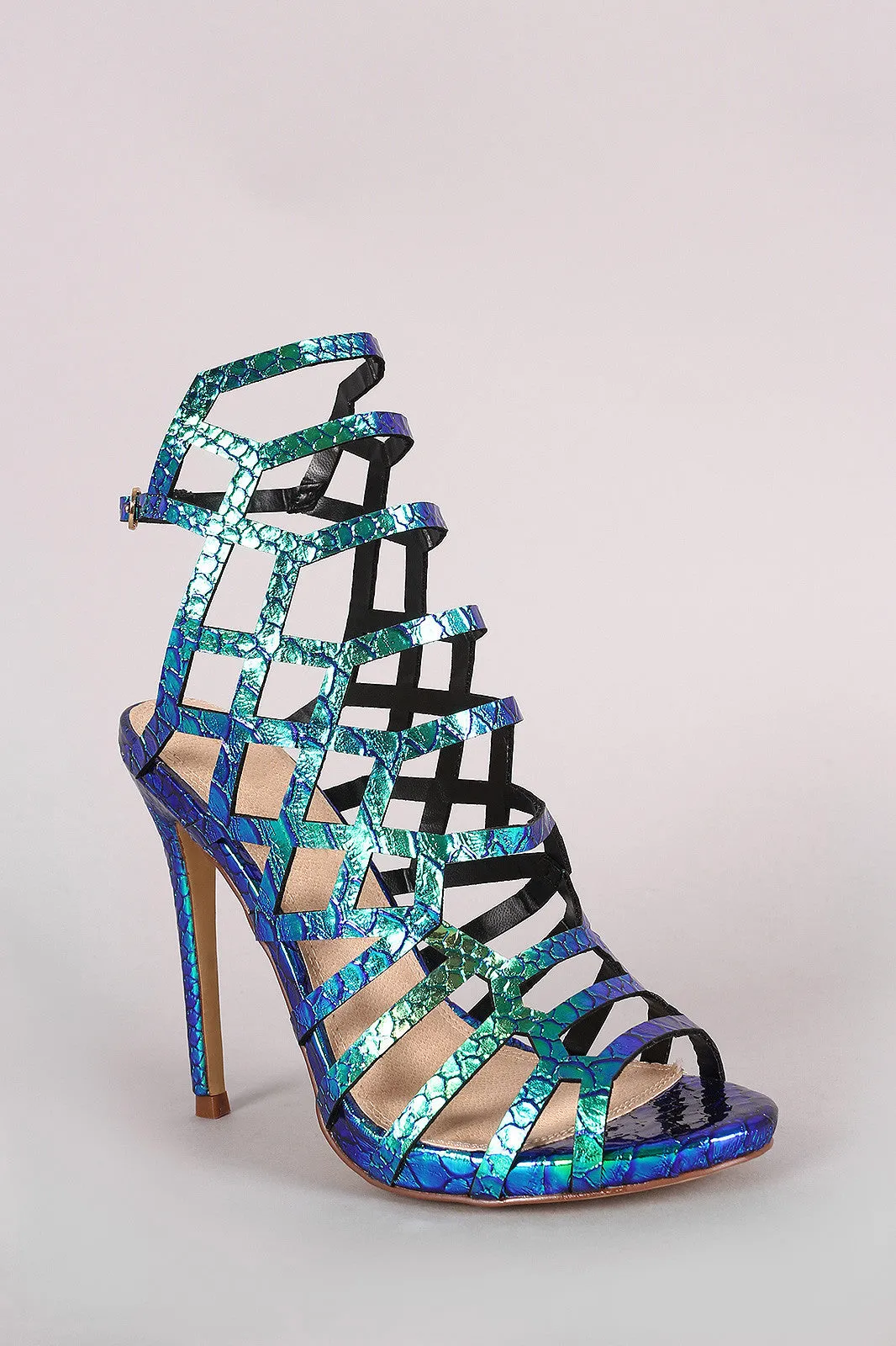 Liliana Hologram Snake Laser Cutout Peep Toe Stiletto Heel