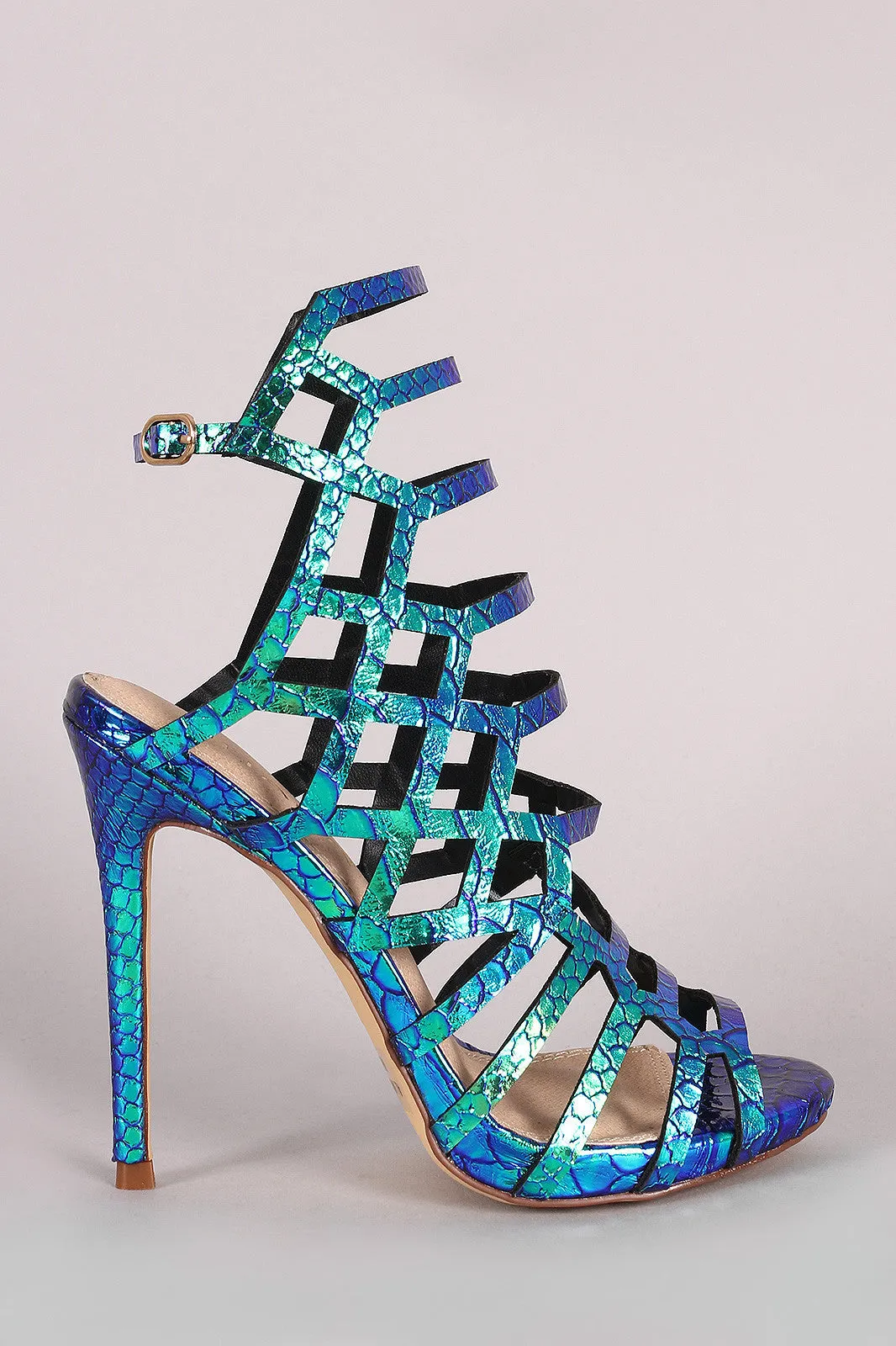 Liliana Hologram Snake Laser Cutout Peep Toe Stiletto Heel