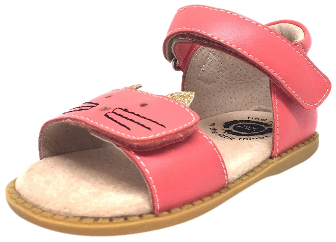 Livie & Luca Girl's Tabby Cat Coral Leather and Sparkle Hook and Loop Open Toe Sandal