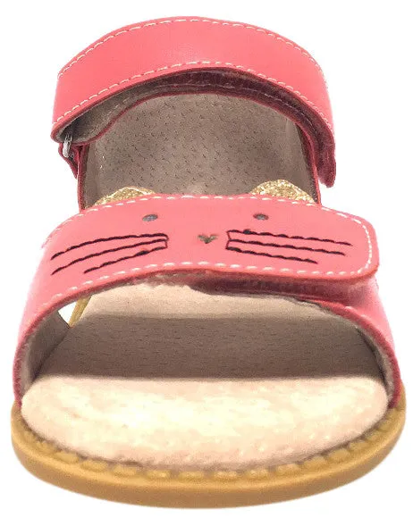 Livie & Luca Girl's Tabby Cat Coral Leather and Sparkle Hook and Loop Open Toe Sandal