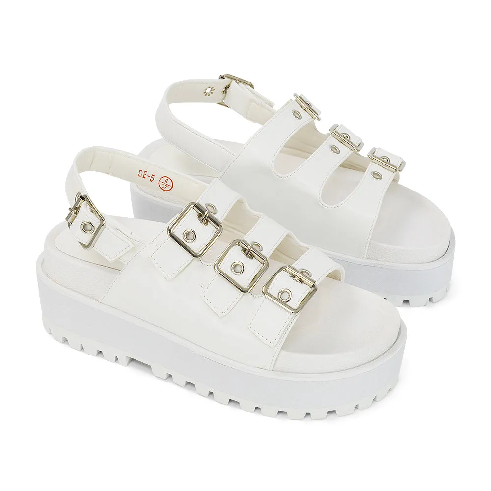 Lyric Buckle Detail Strappy Chunky Sole Flatform Sandals in White