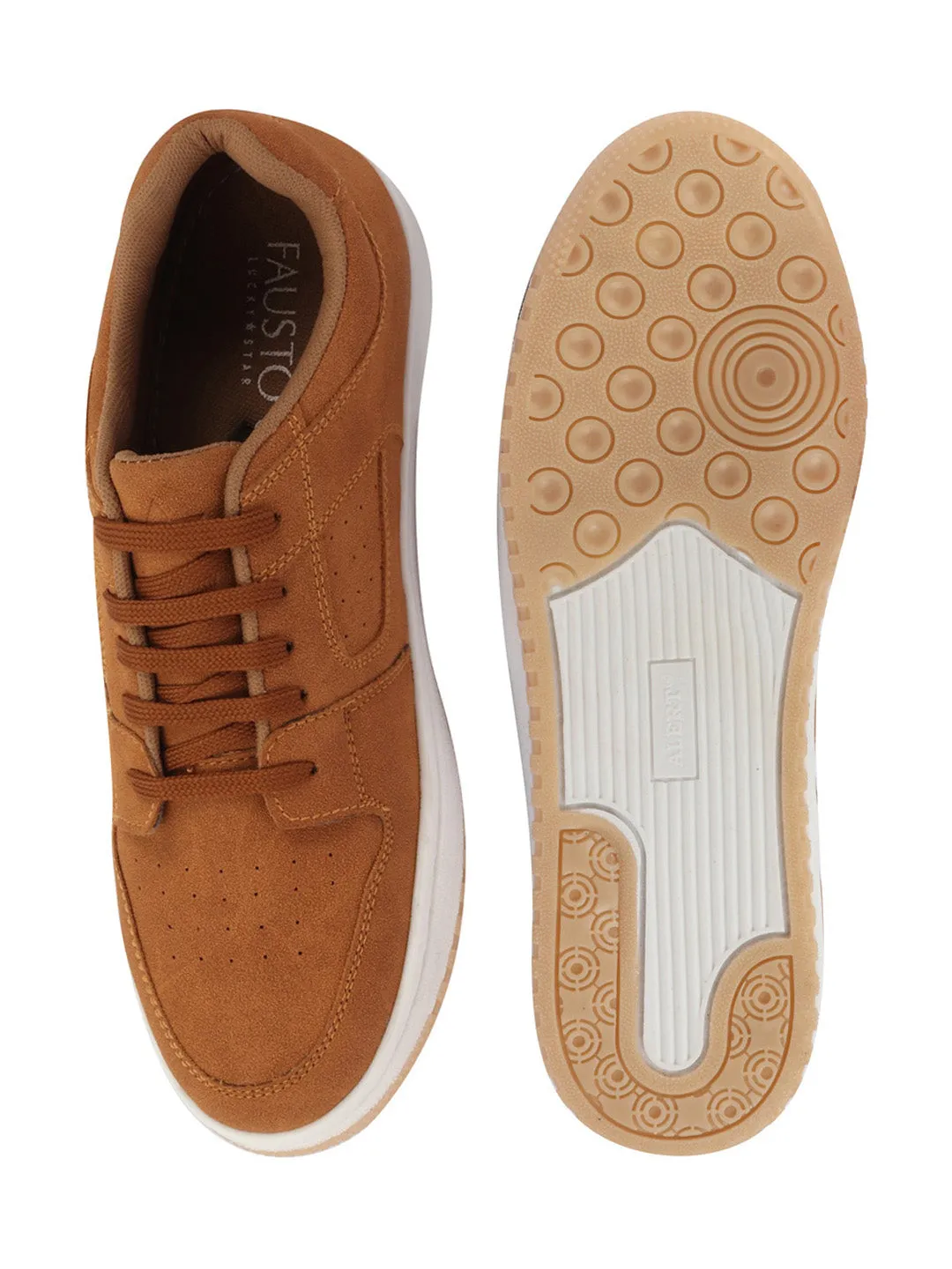 Men Tan Classic Lace Up Low Ankle Breathable Sneaker Shoe|Contrast With White Sole Casual Shoe Sneaker