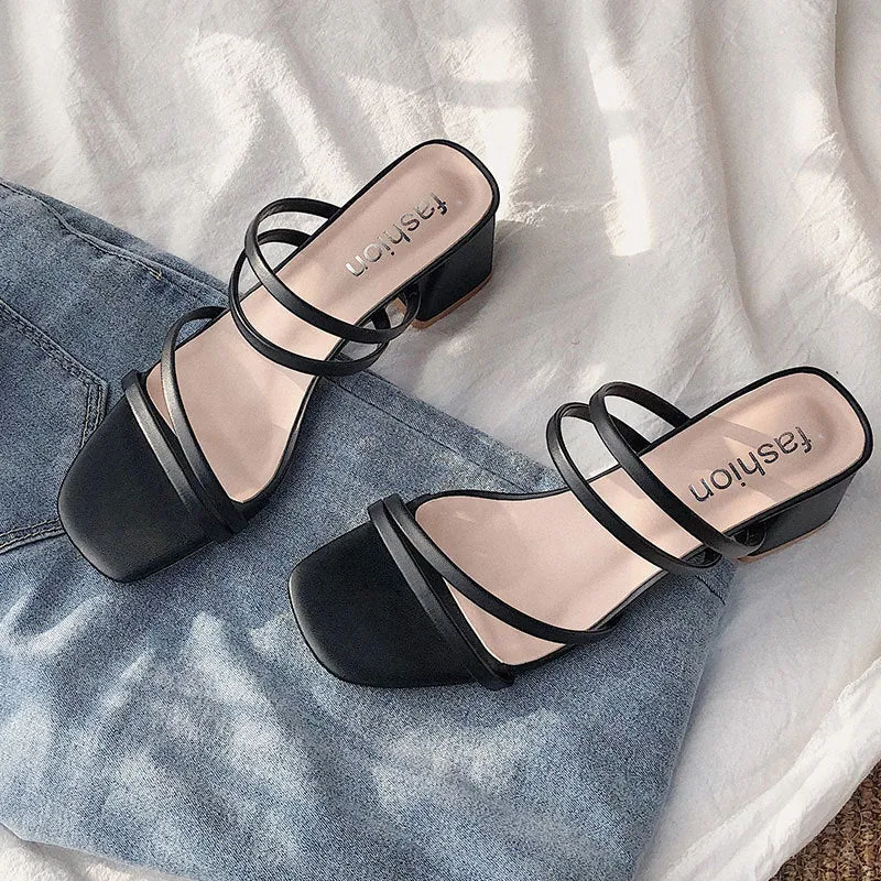 Nude Strappy Block Heels Thin Black Band Women's Sandals