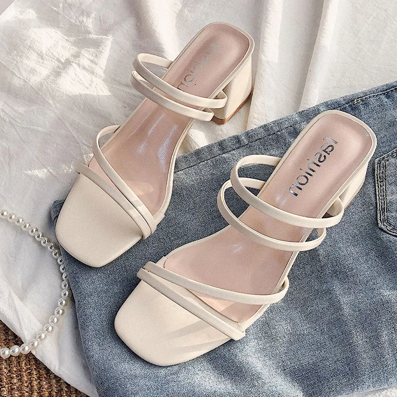 Nude Strappy Block Heels Thin Black Band Women's Sandals