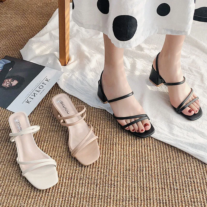 Nude Strappy Block Heels Thin Black Band Women's Sandals