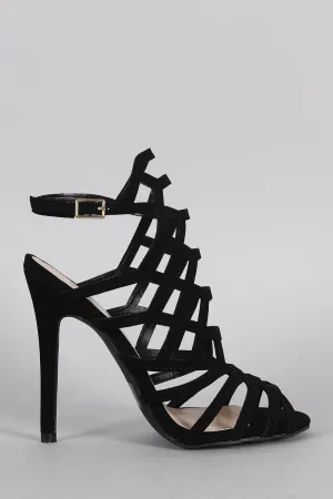 Qupid Nubuck Caged Peep Toe Stiletto Heel