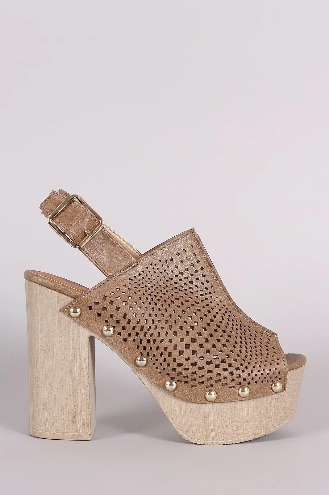 Qupid Perforated Slingback Studded Chunky Platform Mule Heel