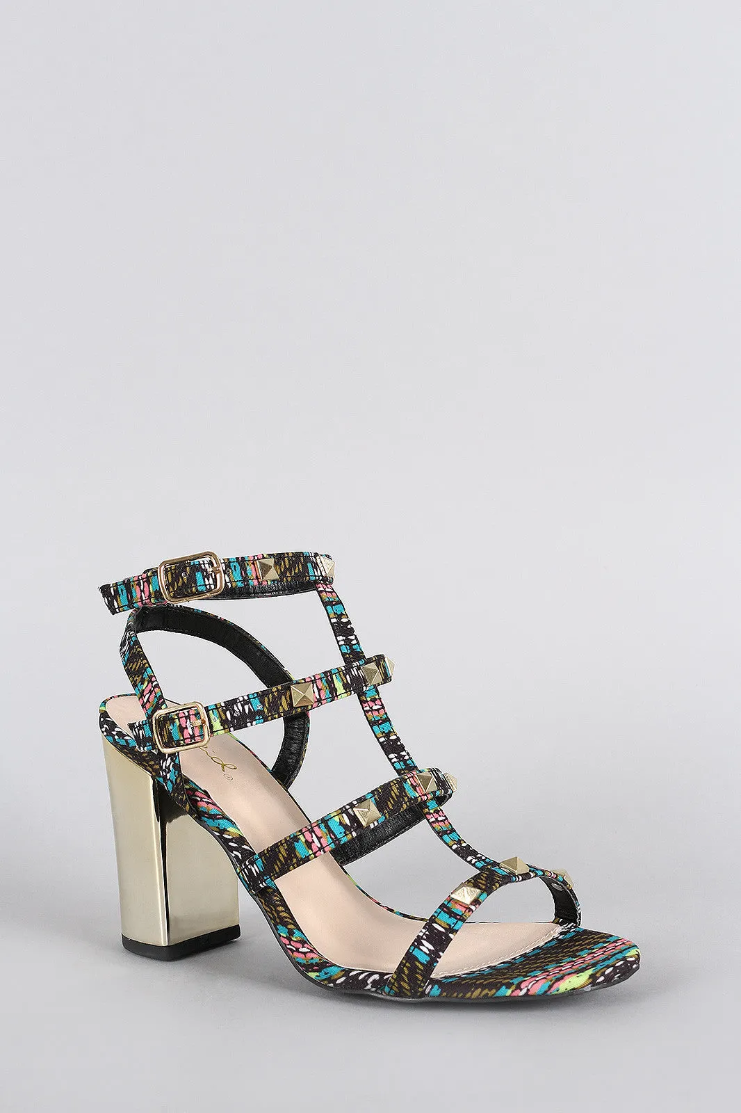 Qupid Studded Multi Print Retro Reflective Chunky Heel