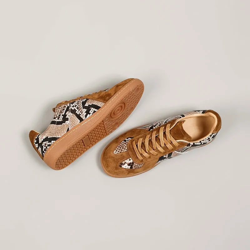 Snake-Print Cowhide Leather Low-top Sneakers for Women in Coffee