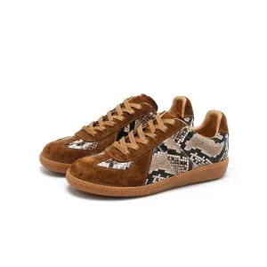 Snake-Print Cowhide Leather Low-top Sneakers for Women in Coffee