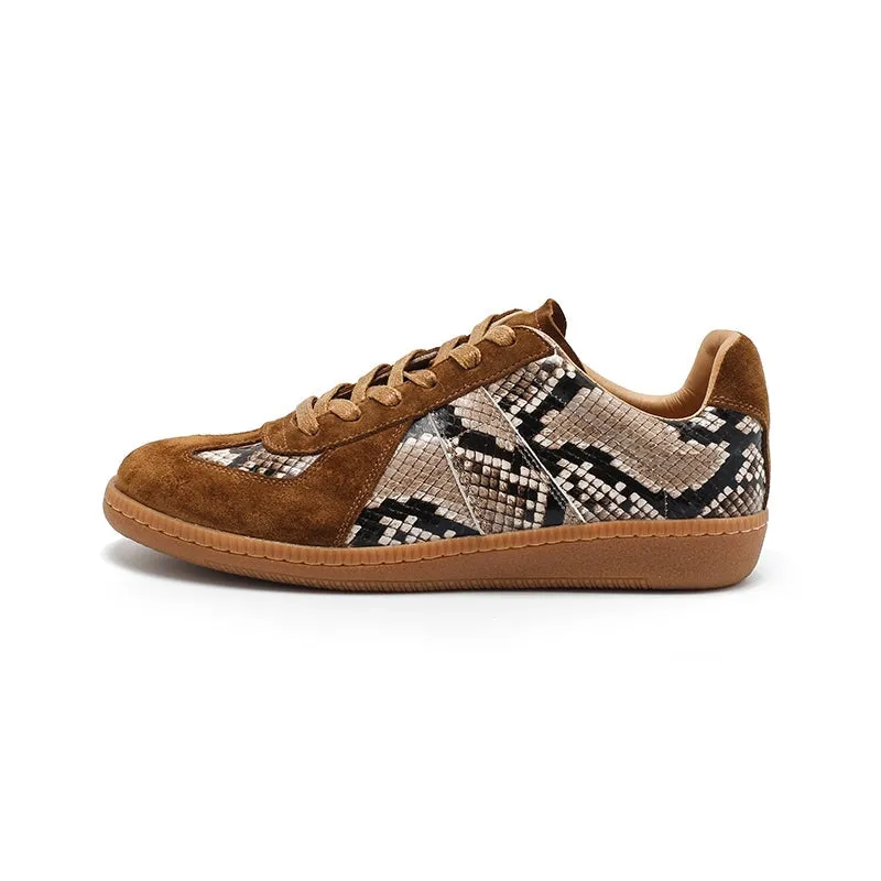 Snake-Print Cowhide Leather Low-top Sneakers for Women in Coffee