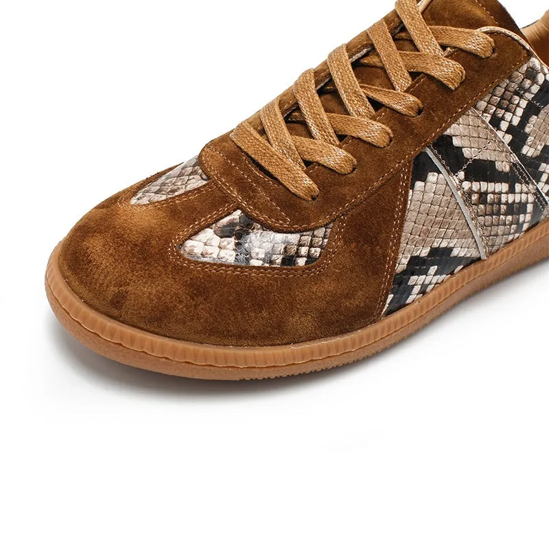 Snake-Print Cowhide Leather Low-top Sneakers for Women in Coffee