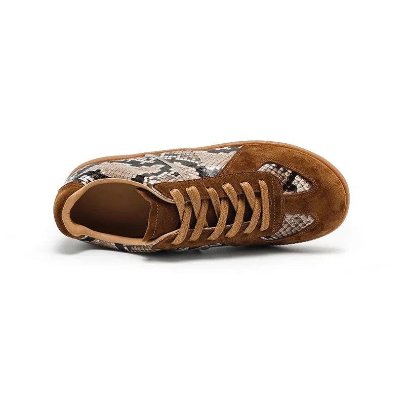 Snake-Print Cowhide Leather Low-top Sneakers for Women in Coffee