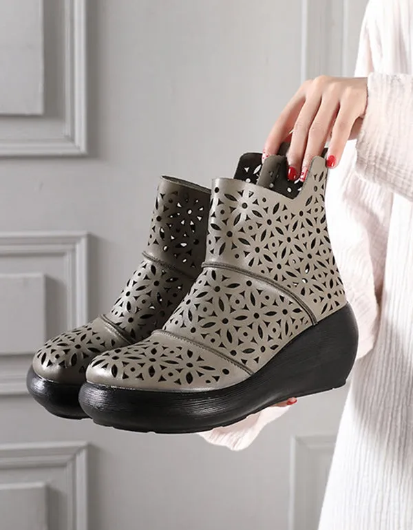 Wedge Heel Round Head Summer Leather Boots