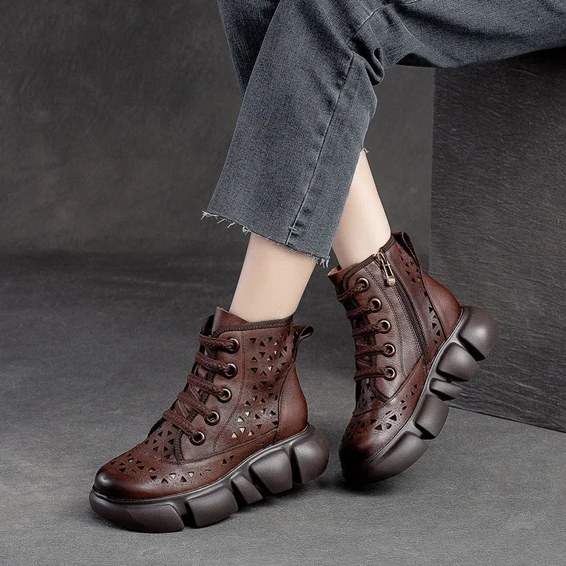 Women Hollow Leather Retro Casual Boots