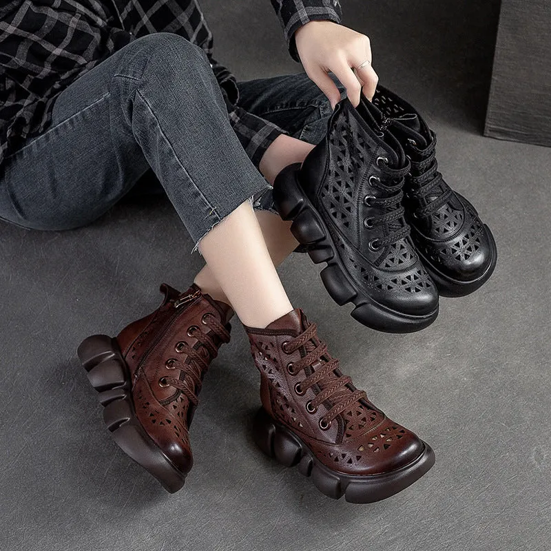 Women Hollow Leather Retro Casual Boots