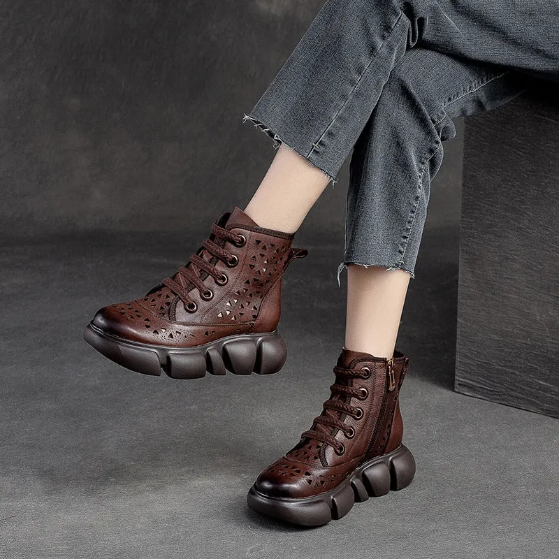 Women Hollow Leather Retro Casual Boots