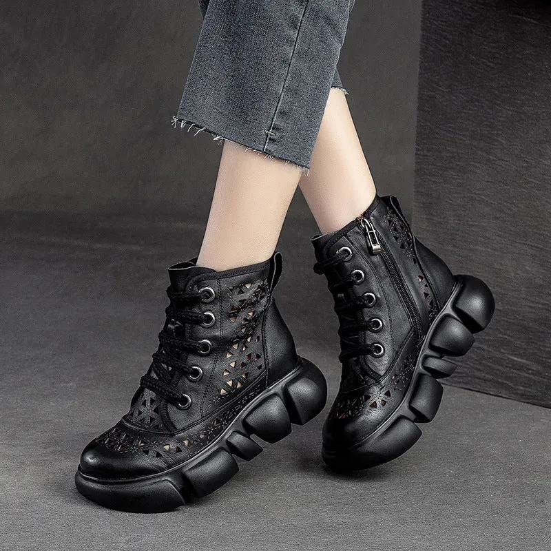 Women Hollow Leather Retro Casual Boots