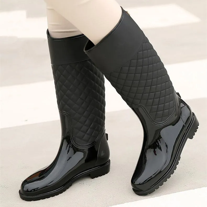 Women knee high stitching plaid chunky platform rain boots