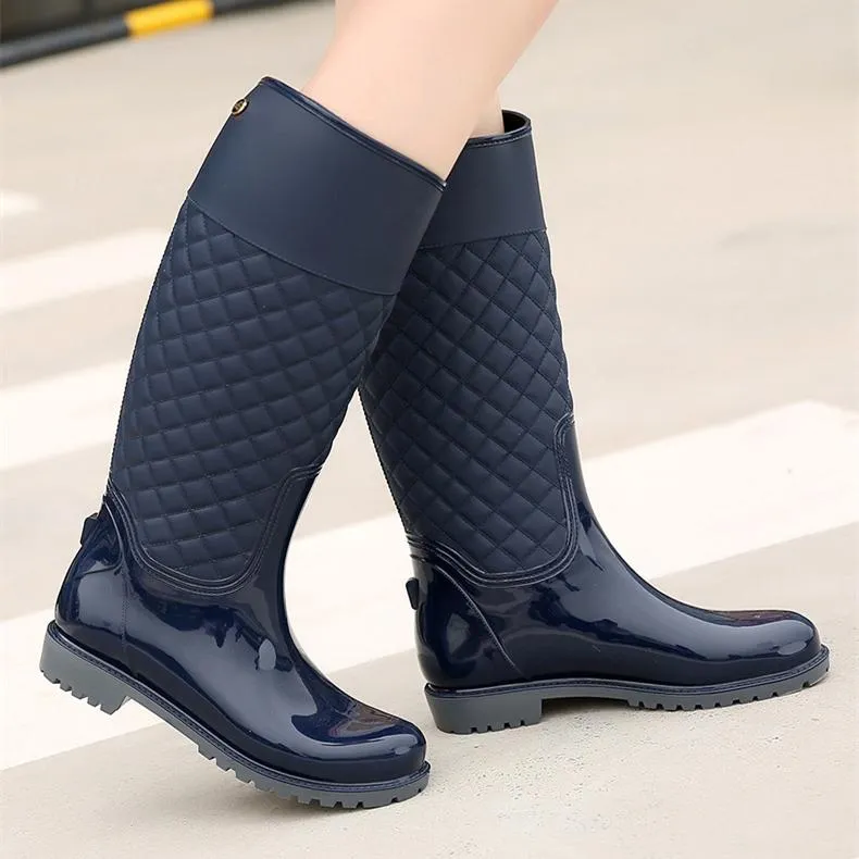 Women knee high stitching plaid chunky platform rain boots