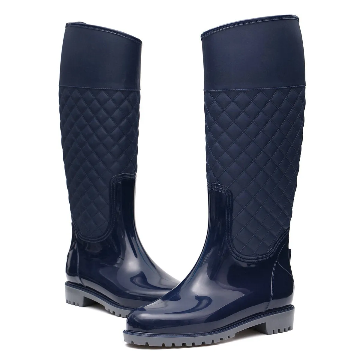 Women knee high stitching plaid chunky platform rain boots