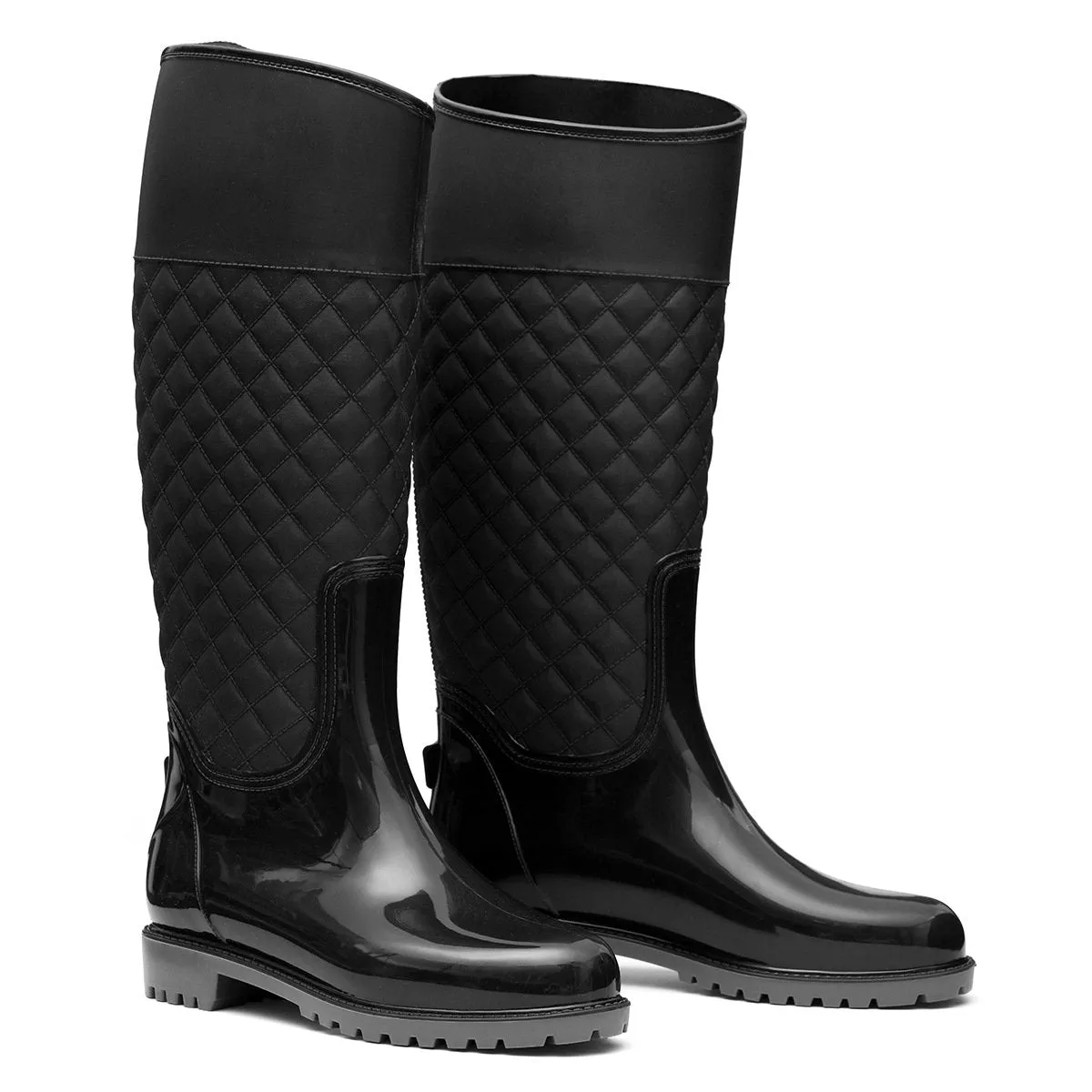 Women knee high stitching plaid chunky platform rain boots