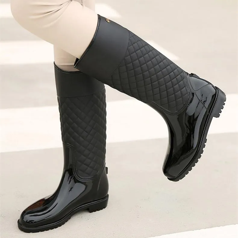 Women knee high stitching plaid chunky platform rain boots