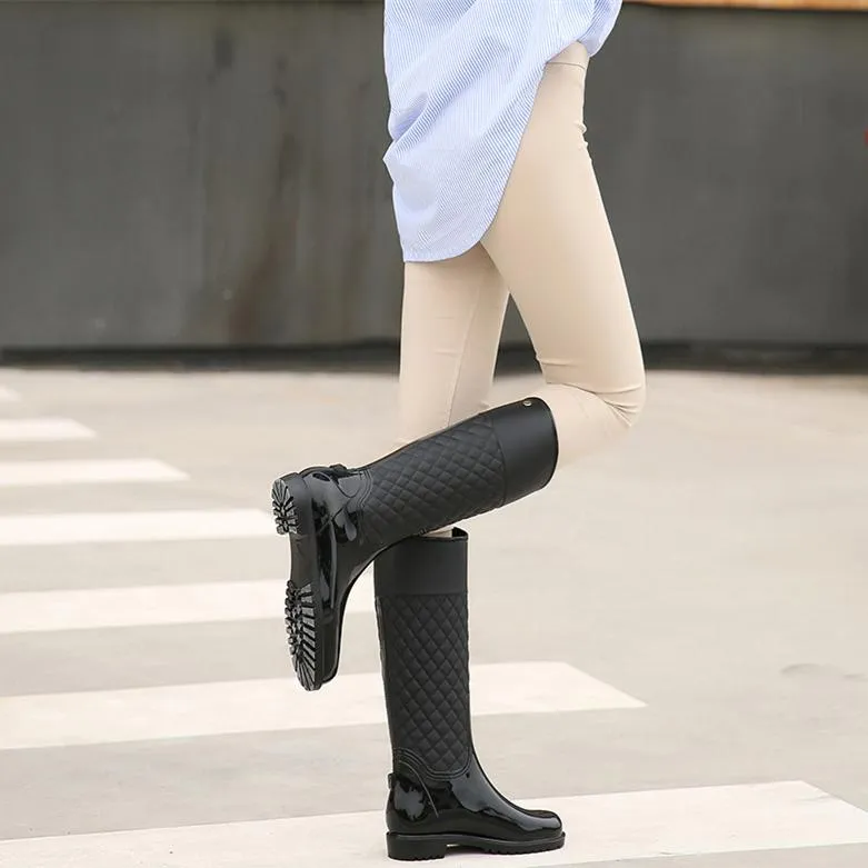 Women knee high stitching plaid chunky platform rain boots