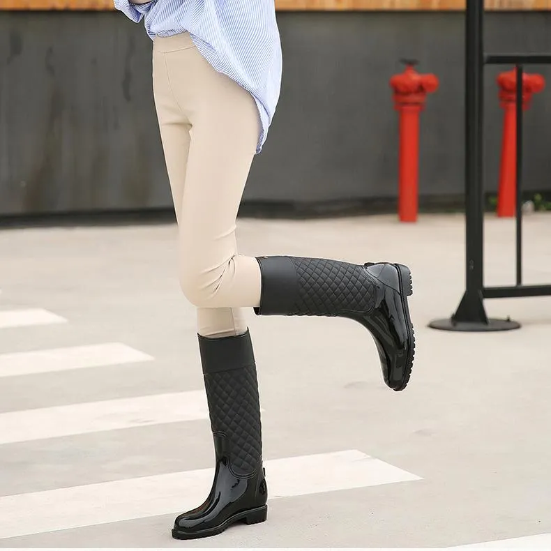 Women knee high stitching plaid chunky platform rain boots