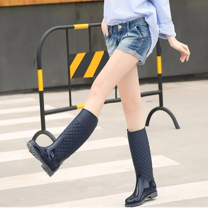 Women knee high stitching plaid chunky platform rain boots