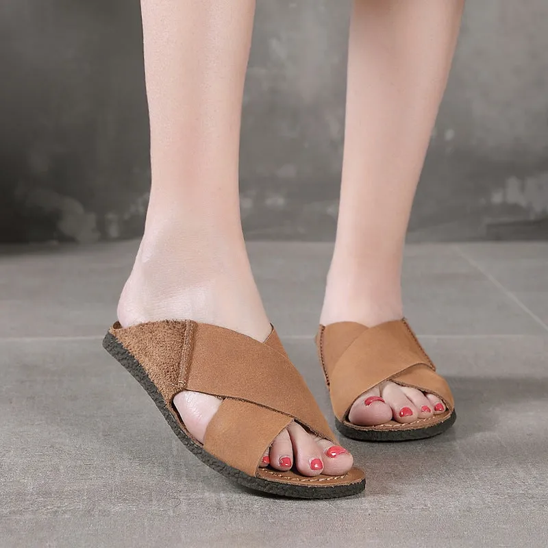 Women Retro Cowhide Soft Casual Slides