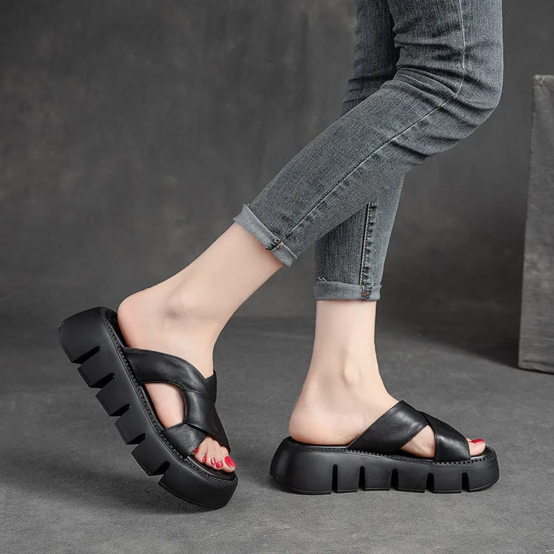 Women Retro Plaited Soft Leather Platform Slide Sandals