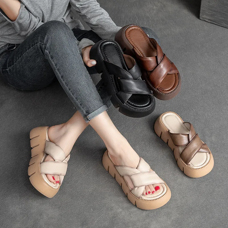 Women Retro Plaited Soft Leather Platform Slide Sandals