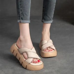 Women Retro Plaited Soft Leather Platform Slide Sandals