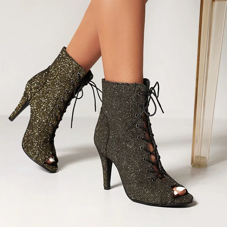 Women summer peep toe lace up stiletto heeled booties