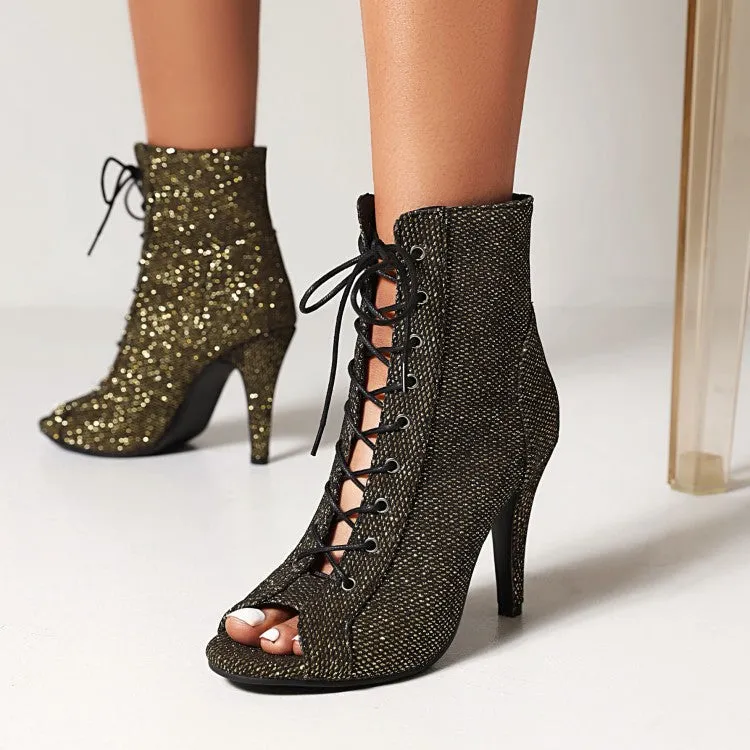 Women summer peep toe lace up stiletto heeled booties