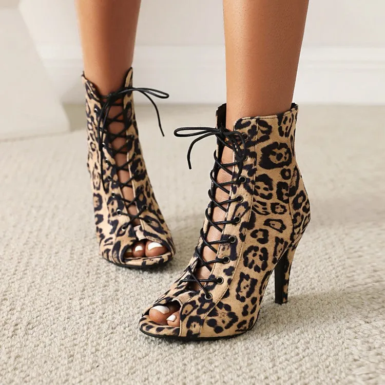 Women summer peep toe lace up stiletto heeled booties