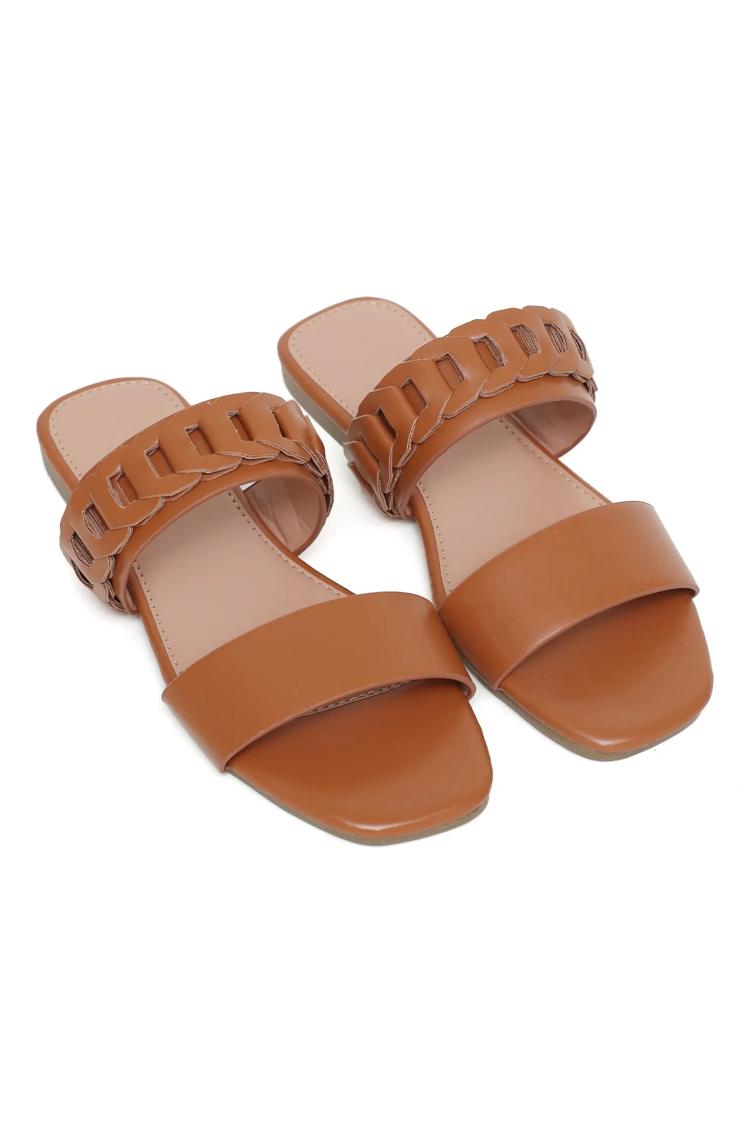 WOMEN'S BRAIDED STRAP SLIDES-CAMEL