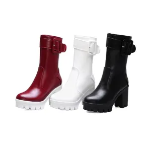 Women's Buckle Block Heel Platform Mid Calf Boots