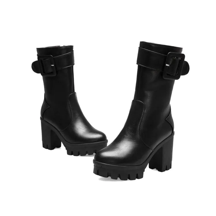 Women's Buckle Block Heel Platform Mid Calf Boots