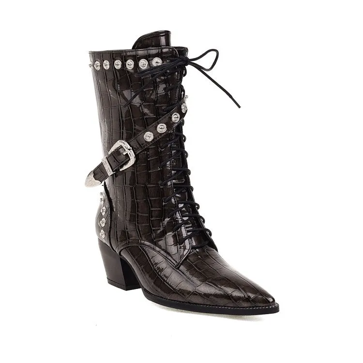 Women's
 Crocodile Pattern Pointed Toe Buckles Belts Rivets Block Heel Mid Calf Boots