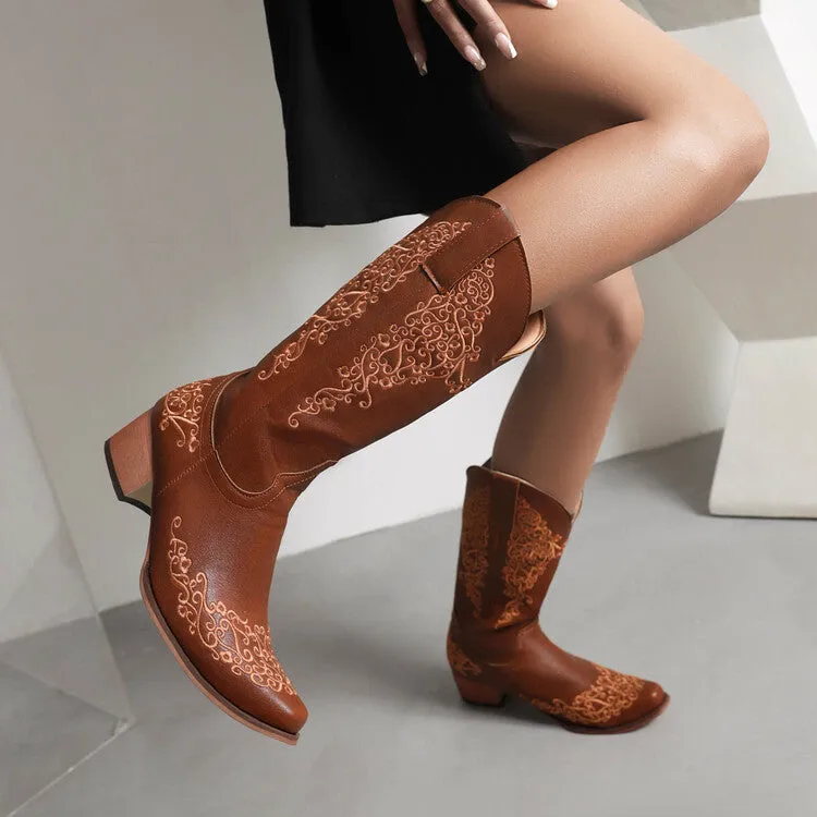 Women's Ethnic Pu Leather Pointed Toe Patchwork Embroidery Low Heels Cowboy Mid-calf Boots