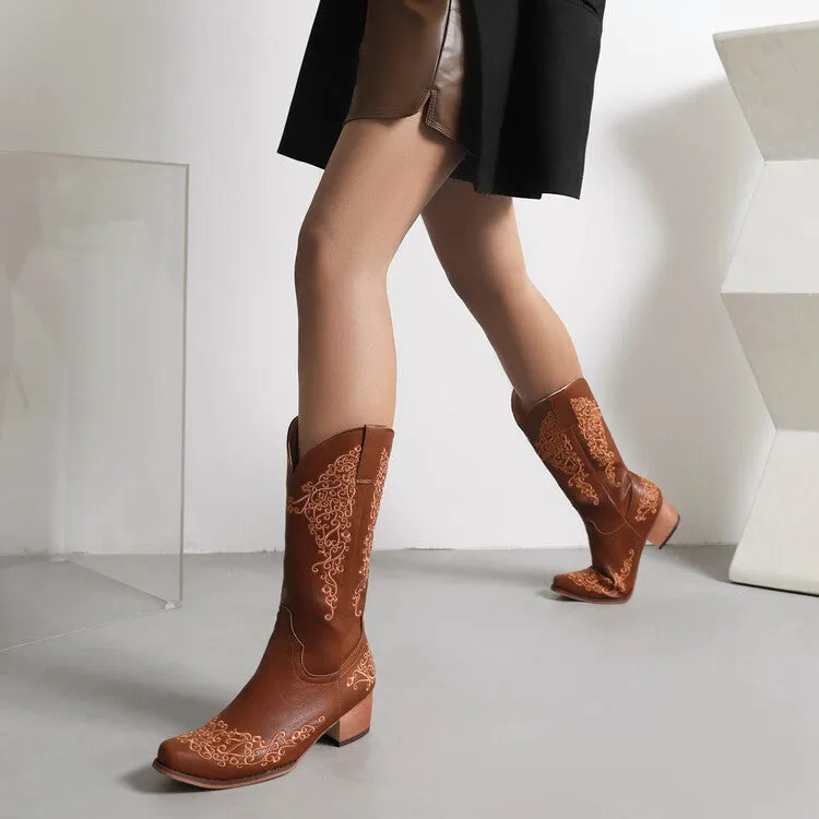 Women's Ethnic Pu Leather Pointed Toe Patchwork Embroidery Low Heels Cowboy Mid-calf Boots