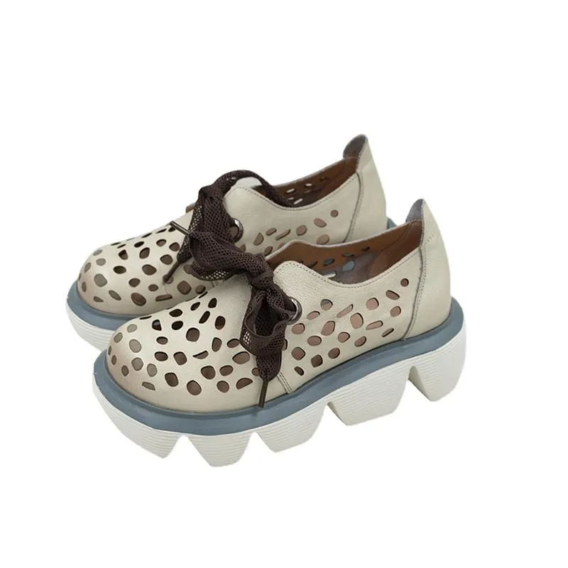 Womens Handmade Genuine Leather Hollow Out Chunky Shoes For Summer Brown/Off White