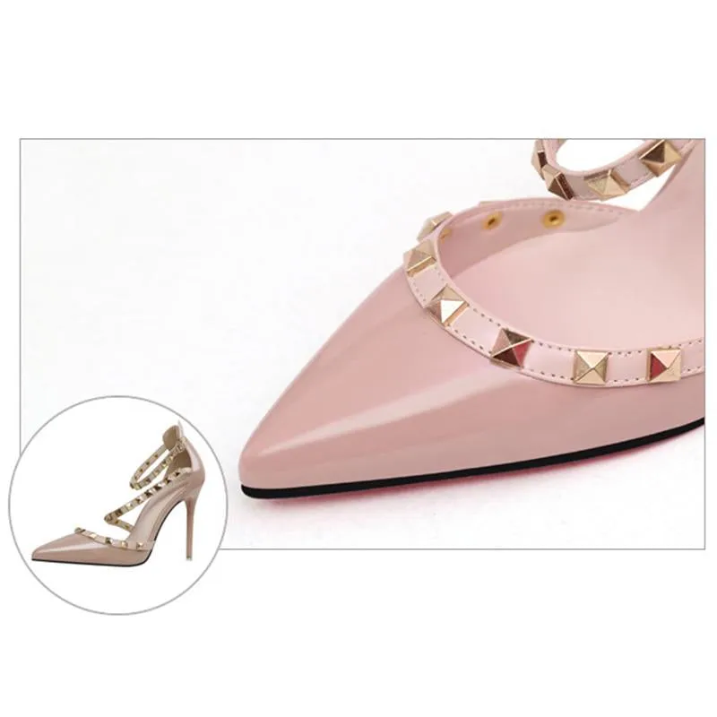 Womens Pointed Toe Strappy Studded Heels