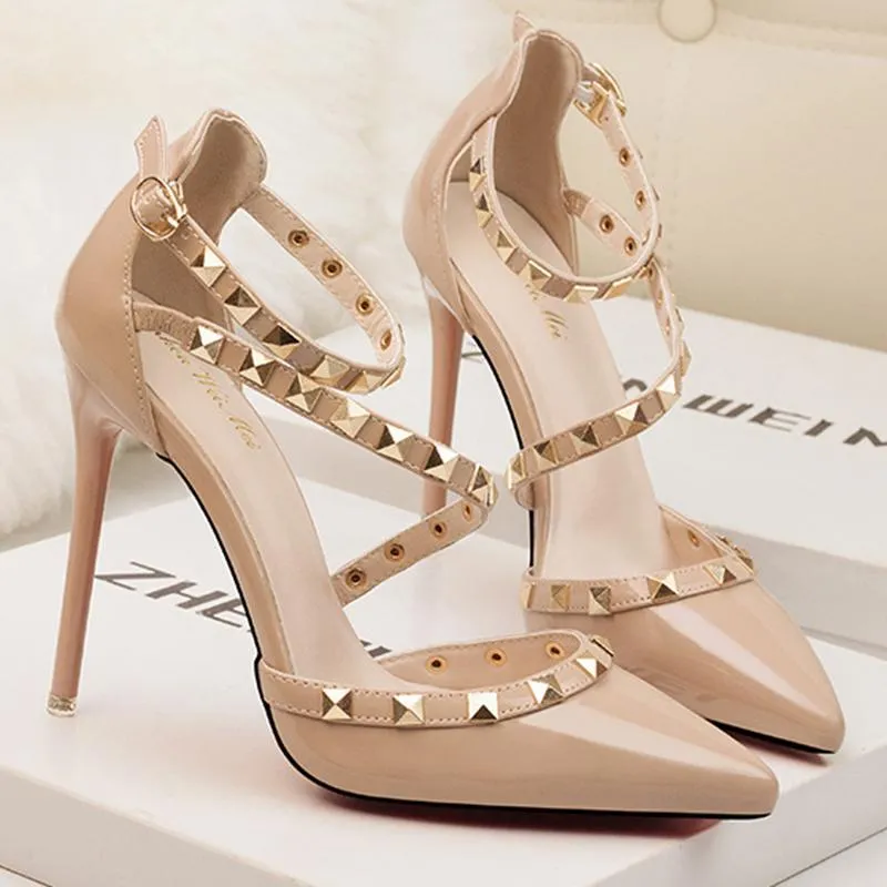 Womens Pointed Toe Strappy Studded Heels