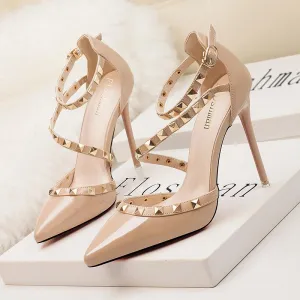 Womens Pointed Toe Strappy Studded Heels