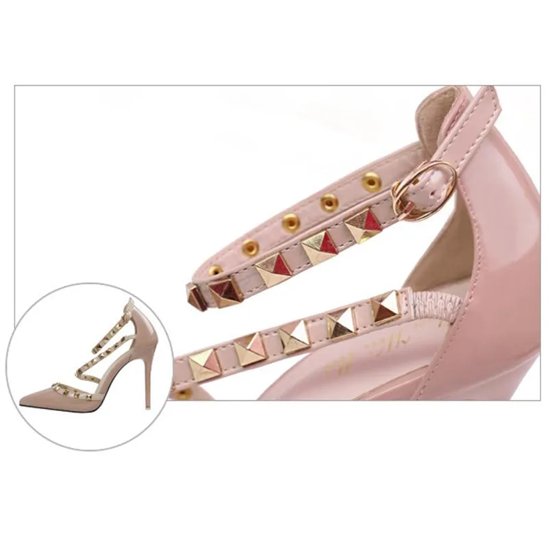 Womens Pointed Toe Strappy Studded Heels