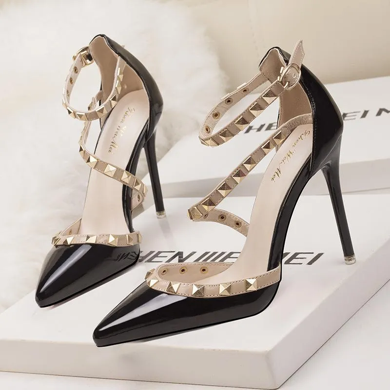 Womens Pointed Toe Strappy Studded Heels